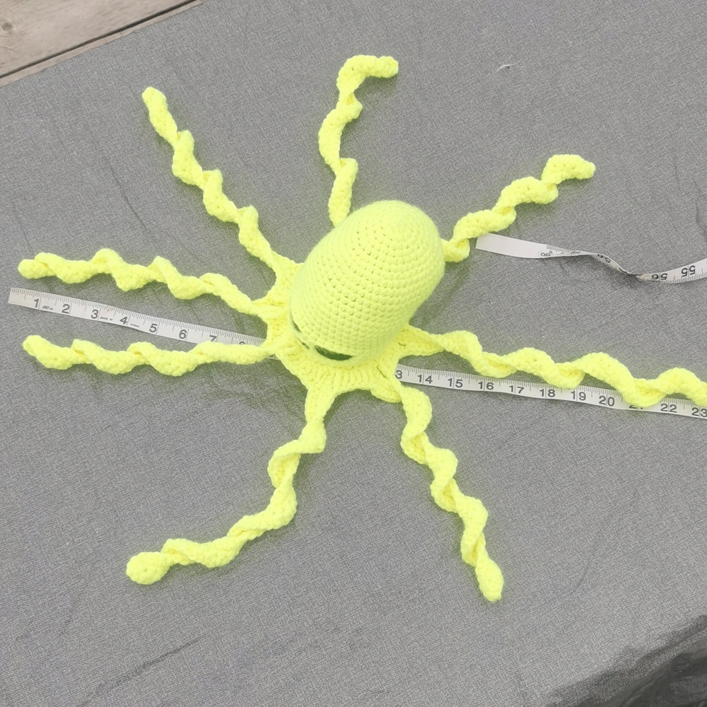 Creepy Octopus Bright Neon Yellow with black eyes crochet handmade homemade - Picture 4 of 5